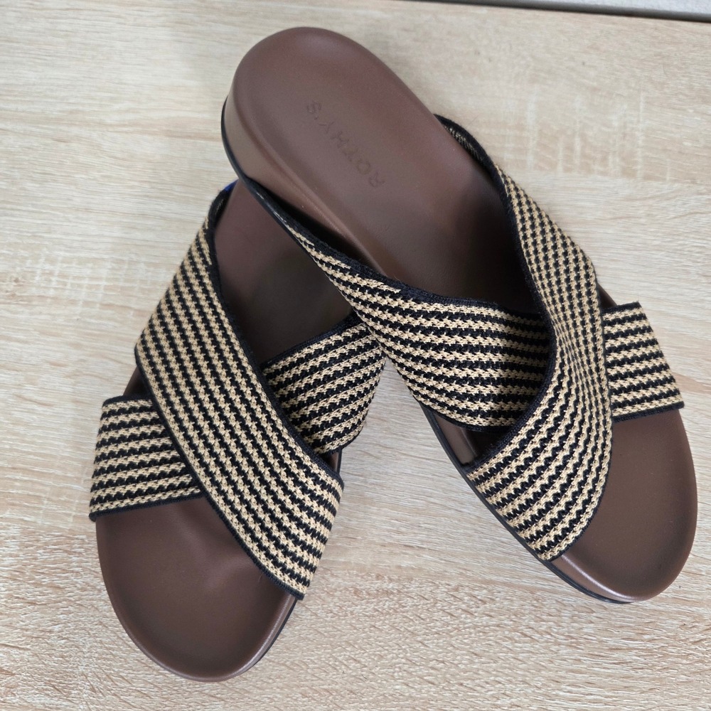 Rothy's The Weekend Slide Toffee Stripe Hemp Cross Strap Sandals Women's 10